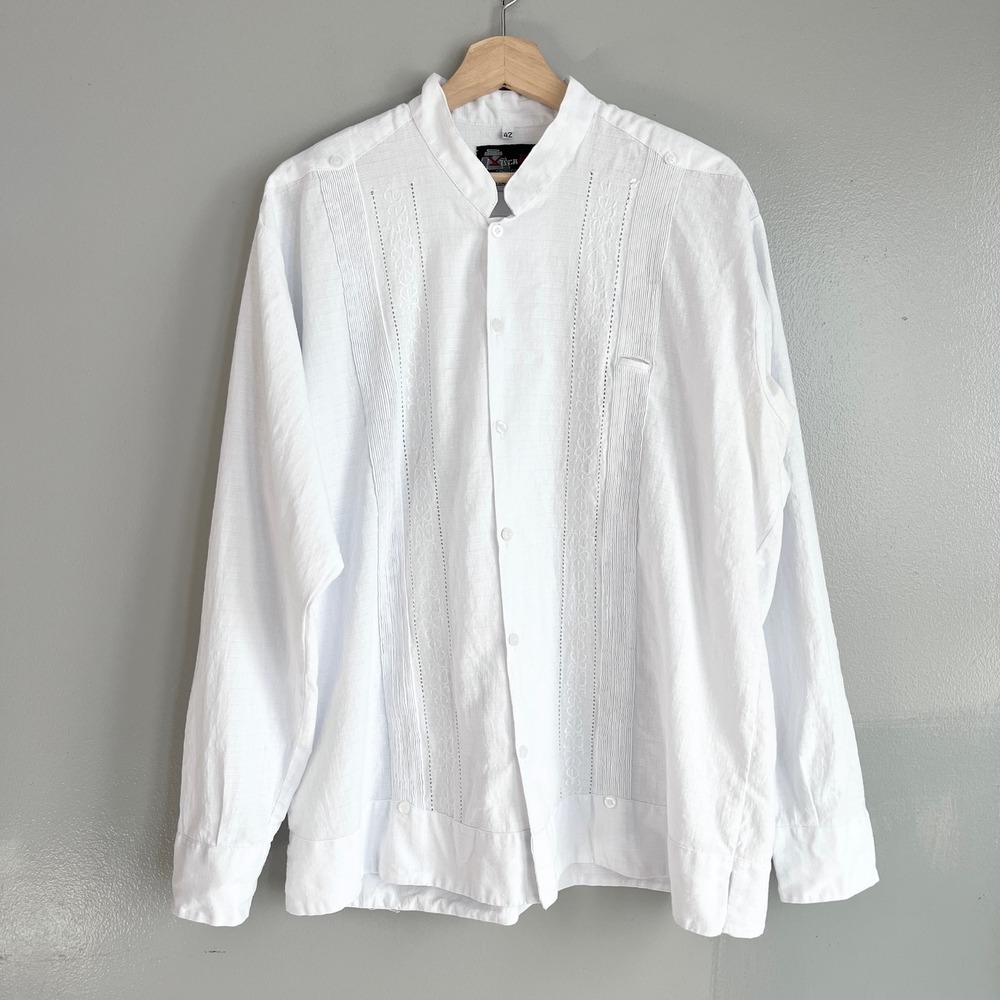 Yuca Chen Guayabera Shirt Mens 42 White Linen Blend Embroidered Wedding Coastal